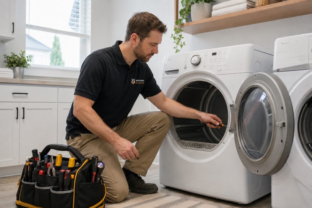 Appliance Repair Masters technician repairing a clothes dryer in a South Florida home