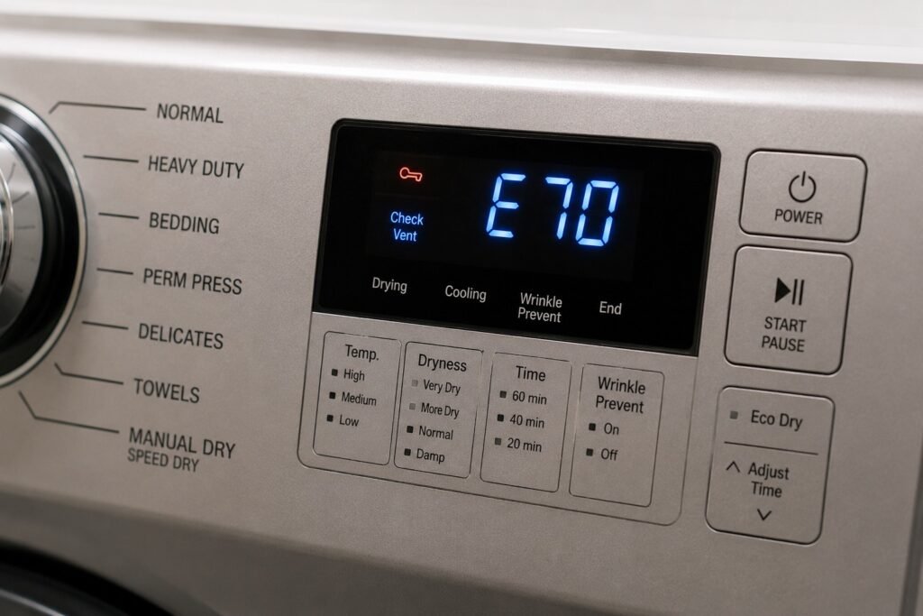 Dryer control panel displaying an error code