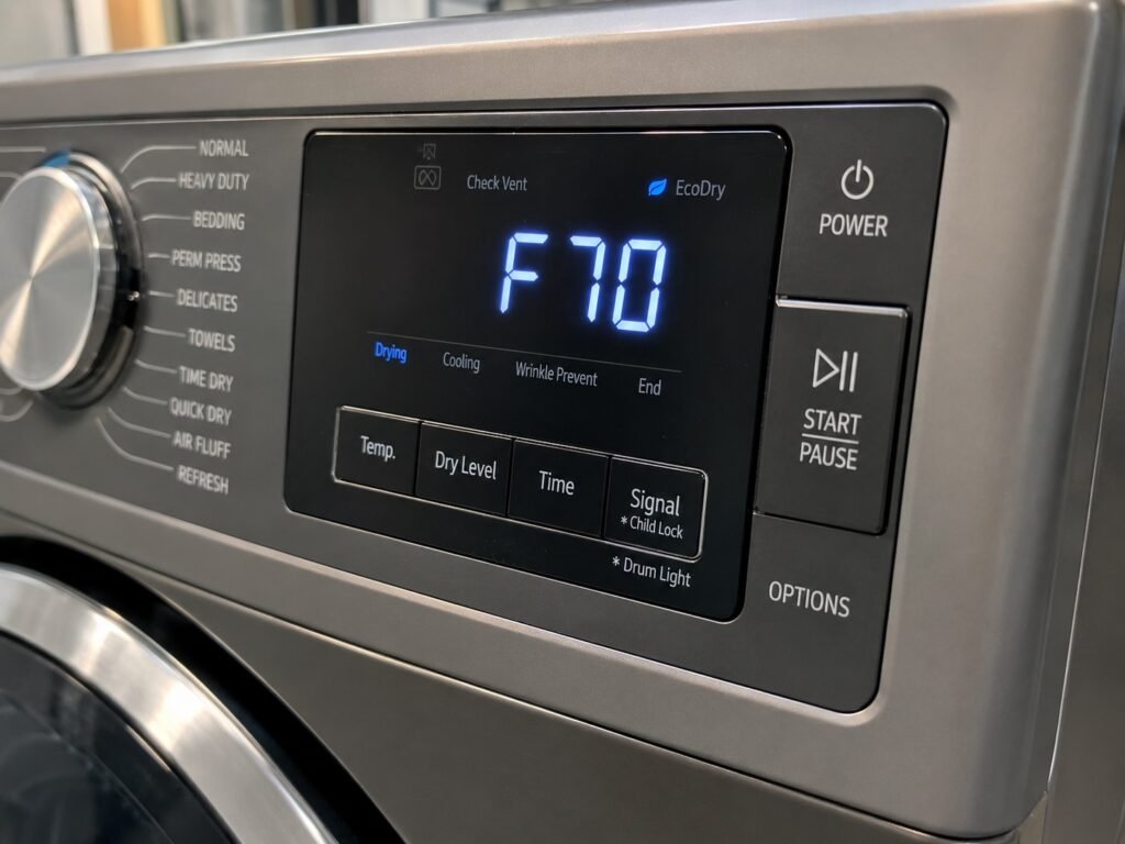 Dryer control panel showing a fault code