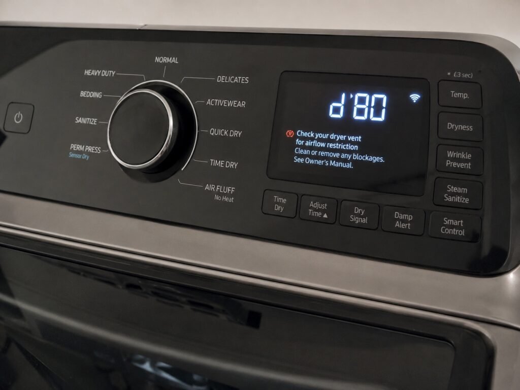 Dryer display showing a duct blockage error code