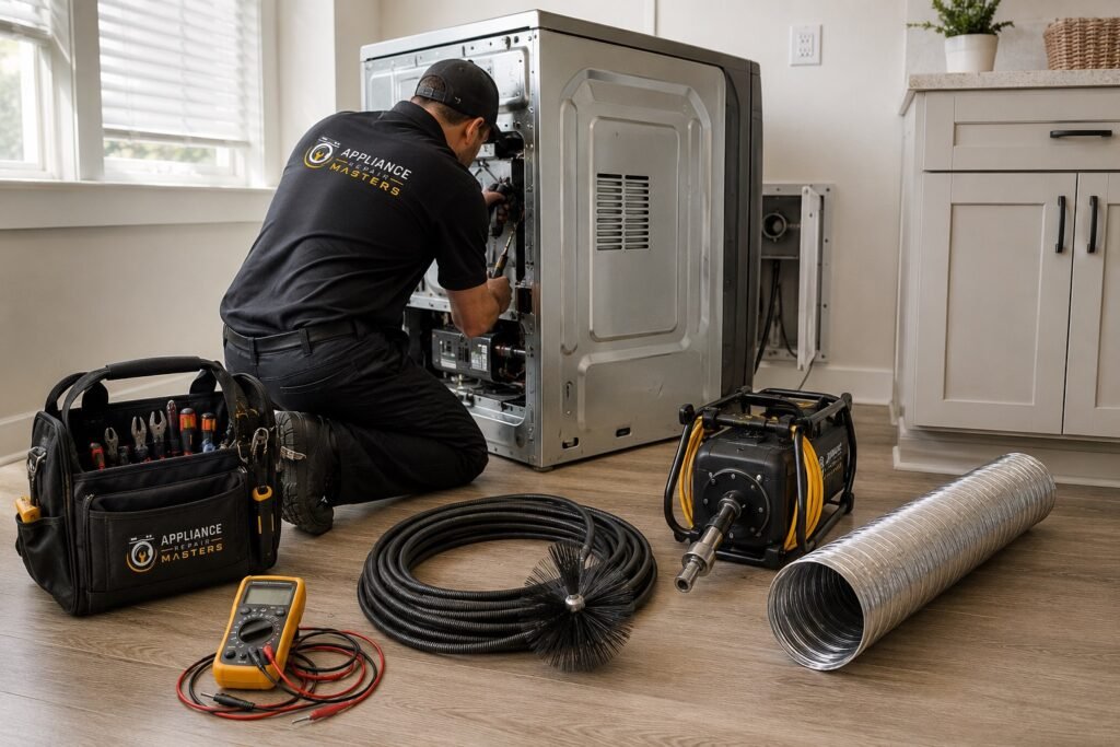 Dryer repair and vent cleaning equipment set up beside a dryer