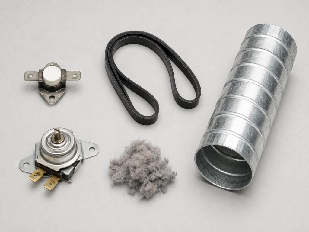 Dryer replacement parts and vent duct components laid out on a work surface
