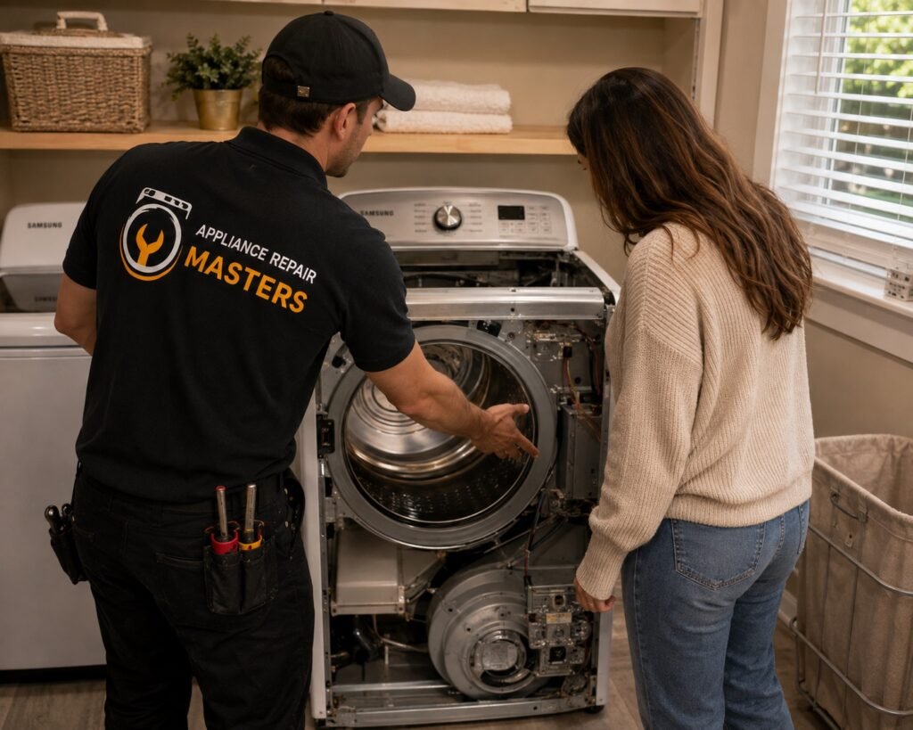 Technician explaining a dryer problem to a homeowner
