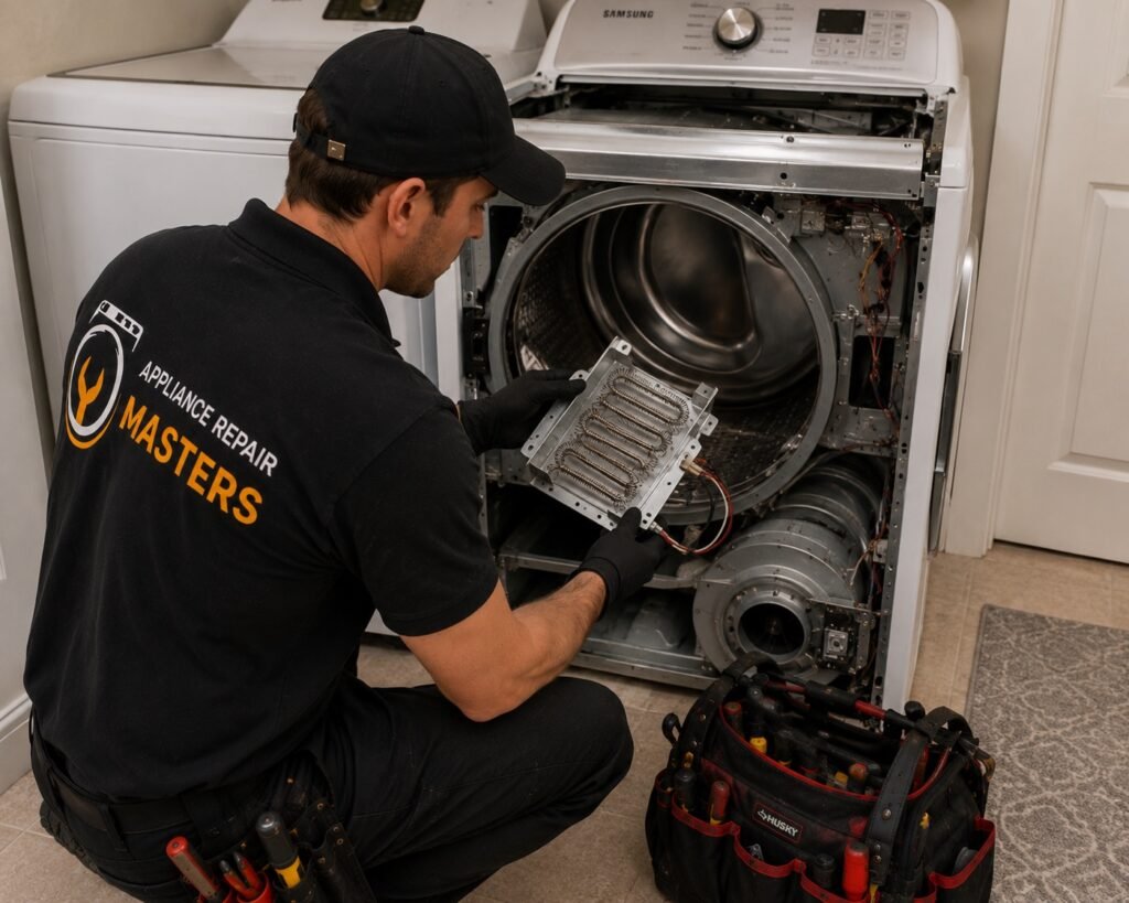 Technician holding a replacement part beside an open dryer cabinet