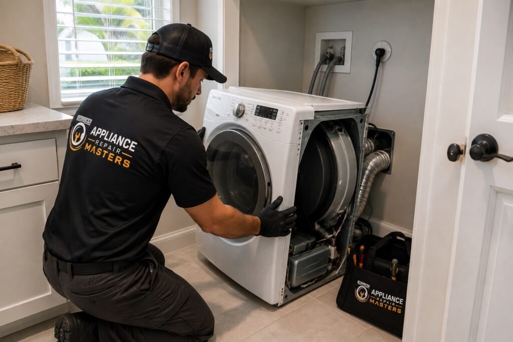 Technician performing dryer repair on an electric dryer