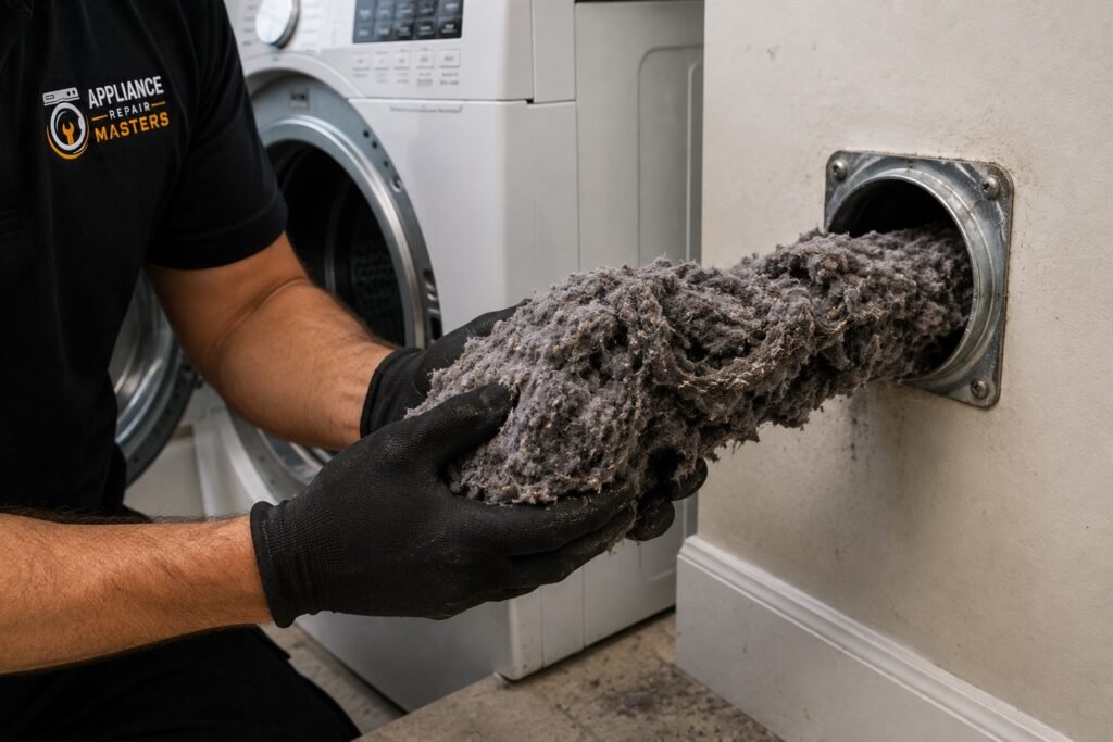 Technician removing lint buildup from a clogged dryer vent
