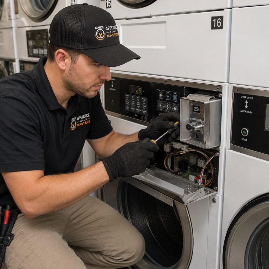 Technician repairing a coin-operated commercial dryer