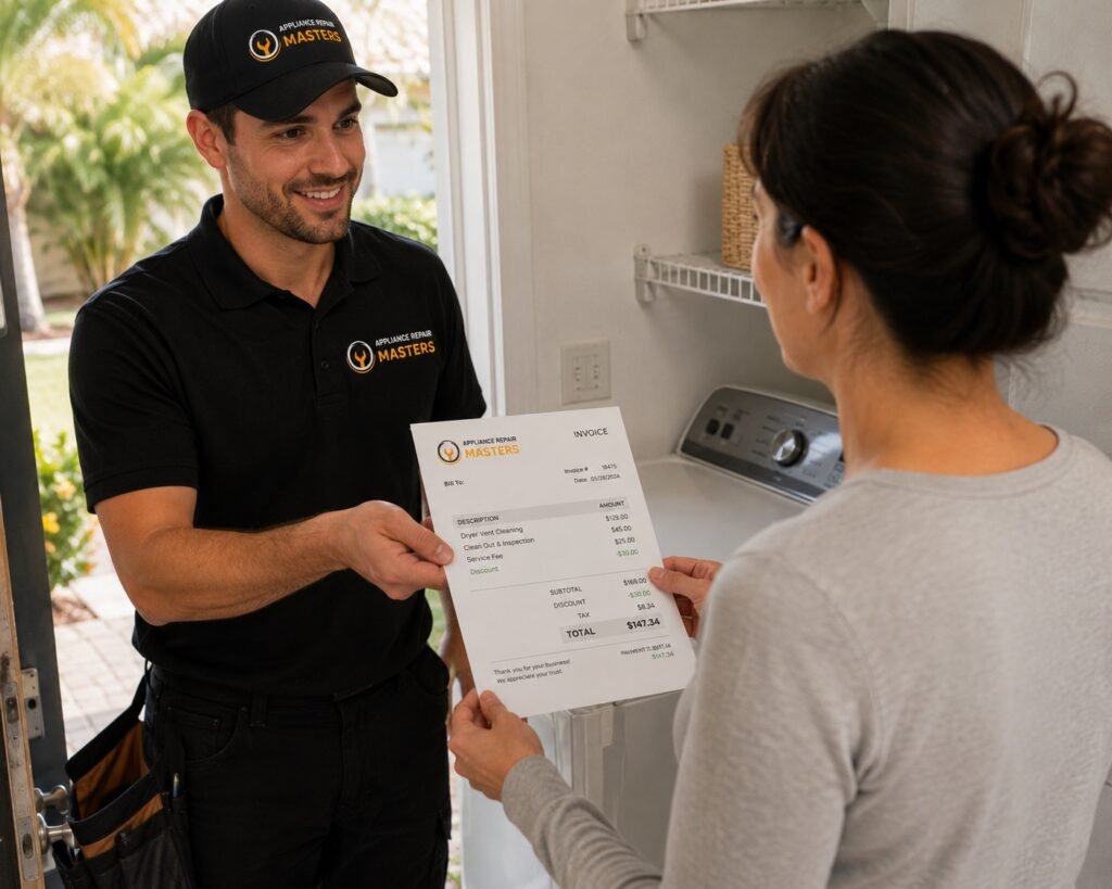 Technician reviewing a dryer service invoice with a customer