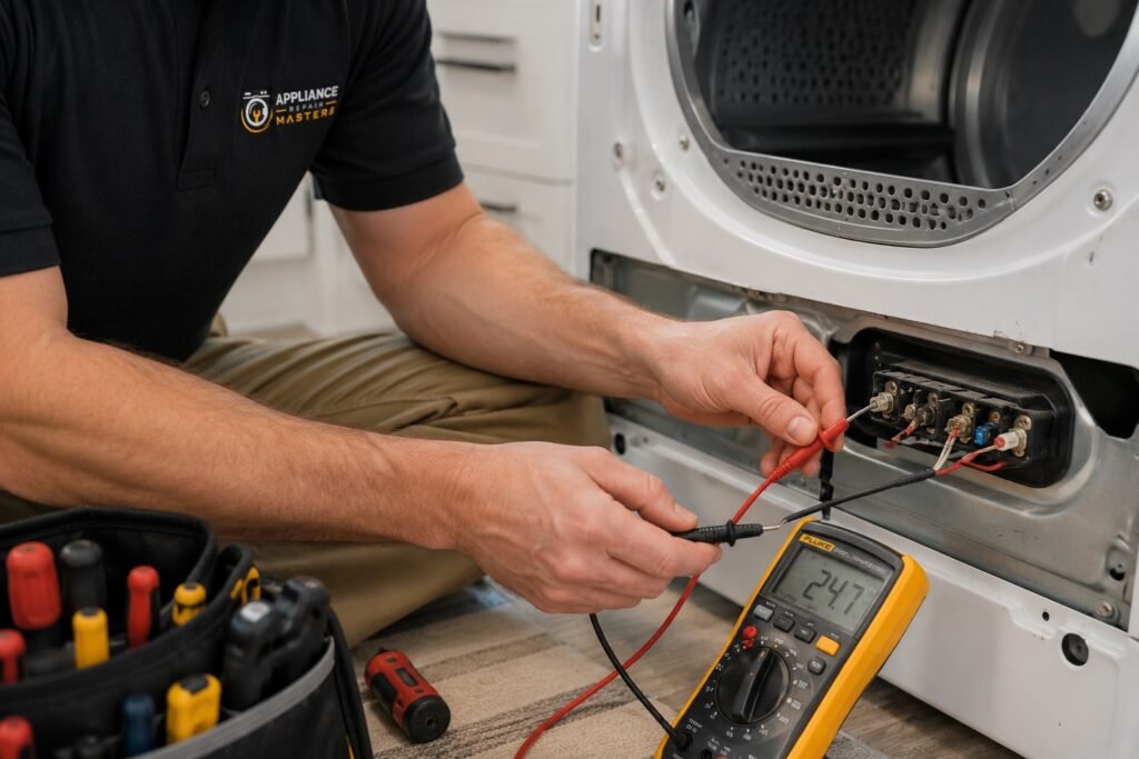 Dryer repair technician testing a heating element with a multimeter