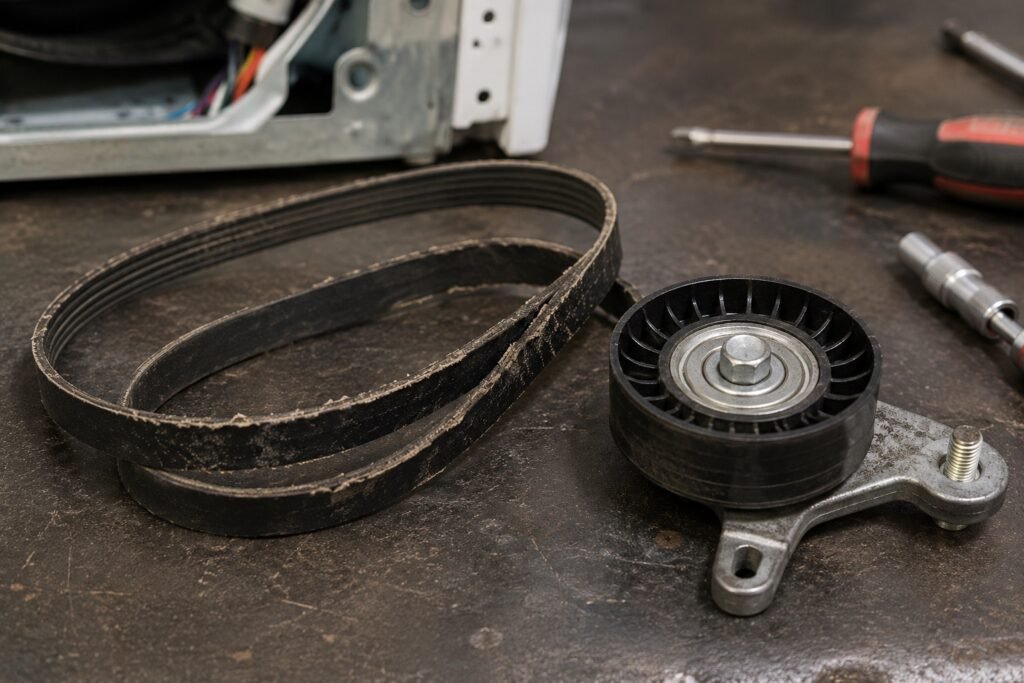 Worn dryer drive belt removed during a dryer repair